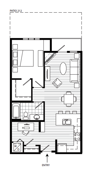 Floor plan for 1 bed, 1 bath, 775 sqft